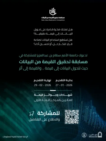 إطلاق مسابقة " تحقيق القيمة من البيانات"  لتمكين منسوبي الجامعة من تقديم حالات استخدام مبتكرة.
